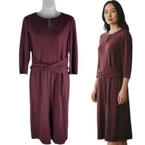 Lafayette 148 Long Sleeve Front Keyhole Twisted Waist Sheath Dress Brown Size M